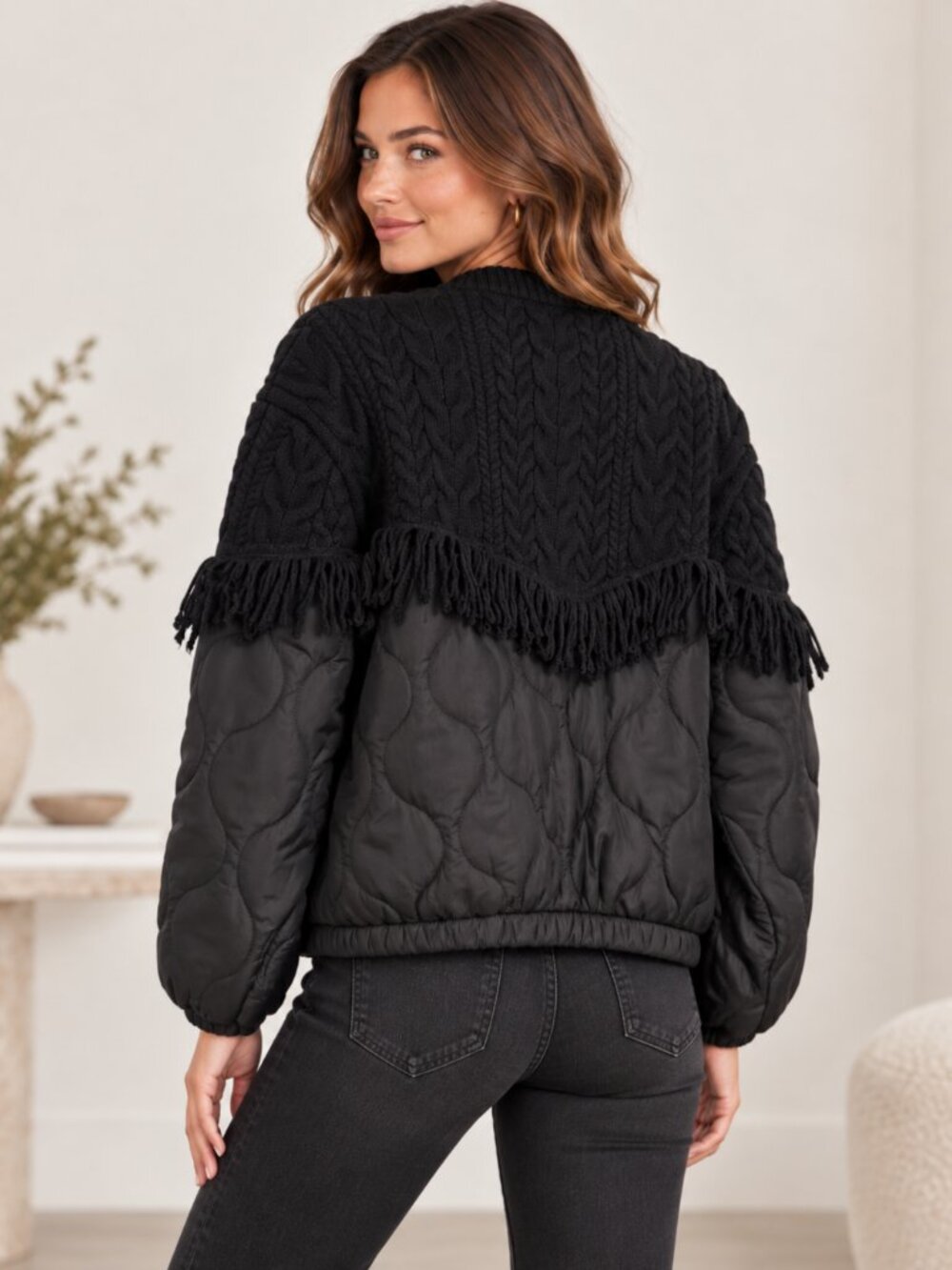 Oliver O Cable Knit Fringe Quilted Jacket - Picture 2 of 9